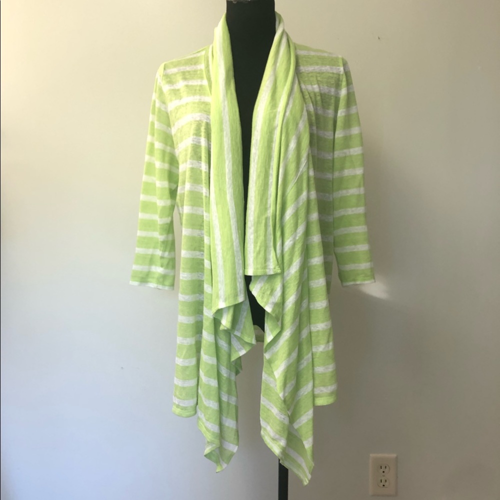 NEW J JILL Lime Stripe Open Front Linen Cardigan M